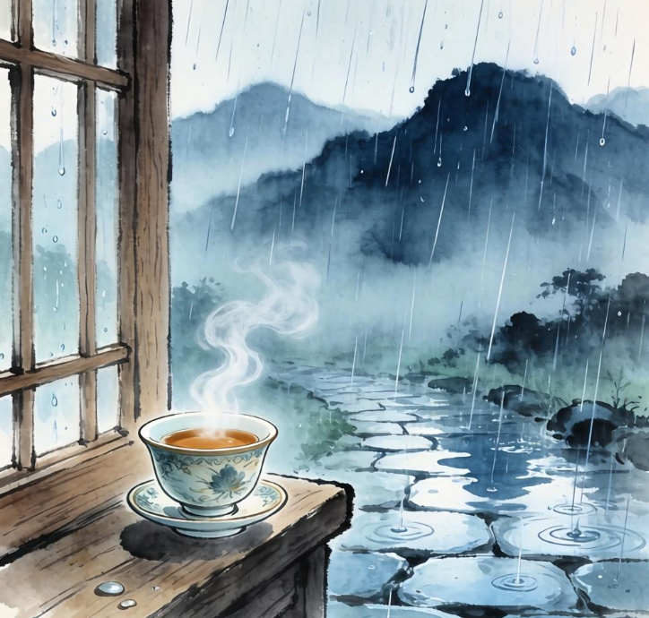 茶室窗边,看一场雨