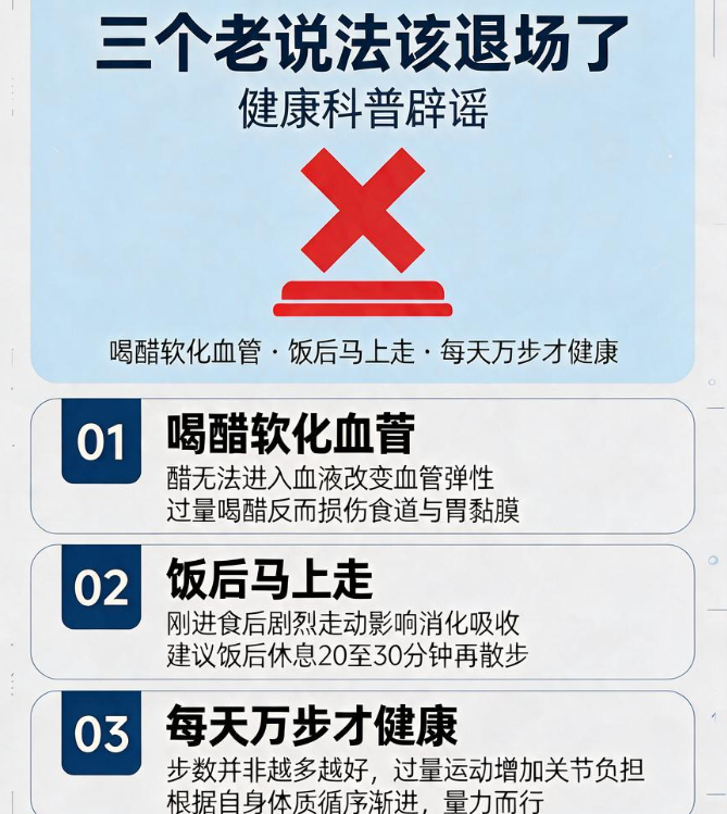 喝醋软化血管、饭后马上走、每天万步才健康?三个老说法该退场了